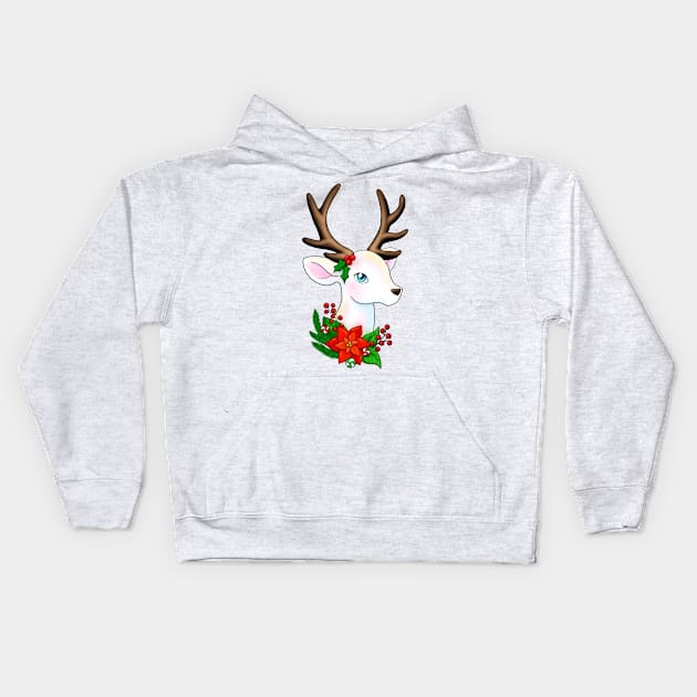 White Christmas Reindeer with Brown Antlers Kids Hoodie by Lady Lilac